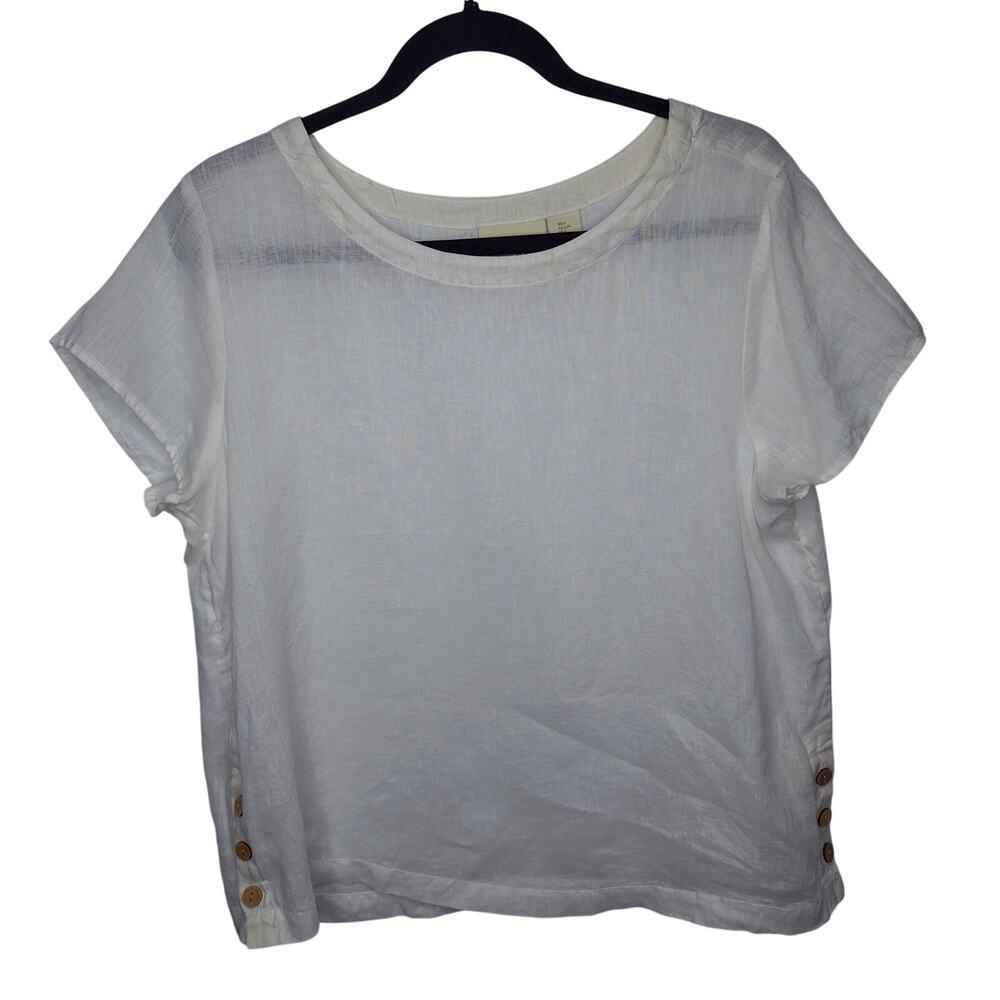 Cynthia Rowley 100% Linen Top Button Detail Short Sleeve Boxy L Lagenlook Boho